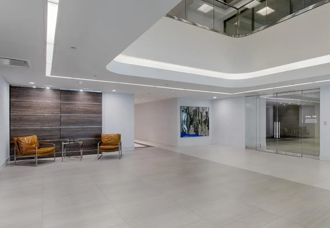 The building lobby, with seating and the single elevator area
